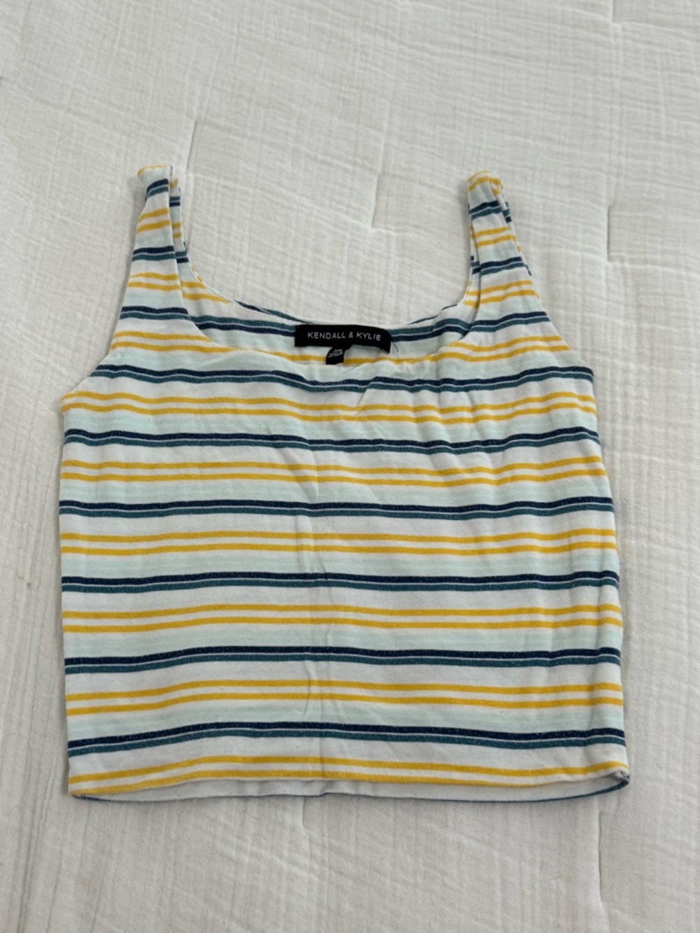 Kendall & Kylie Striped Scoop-Neck Crop Tank in Yellow, Navy & White